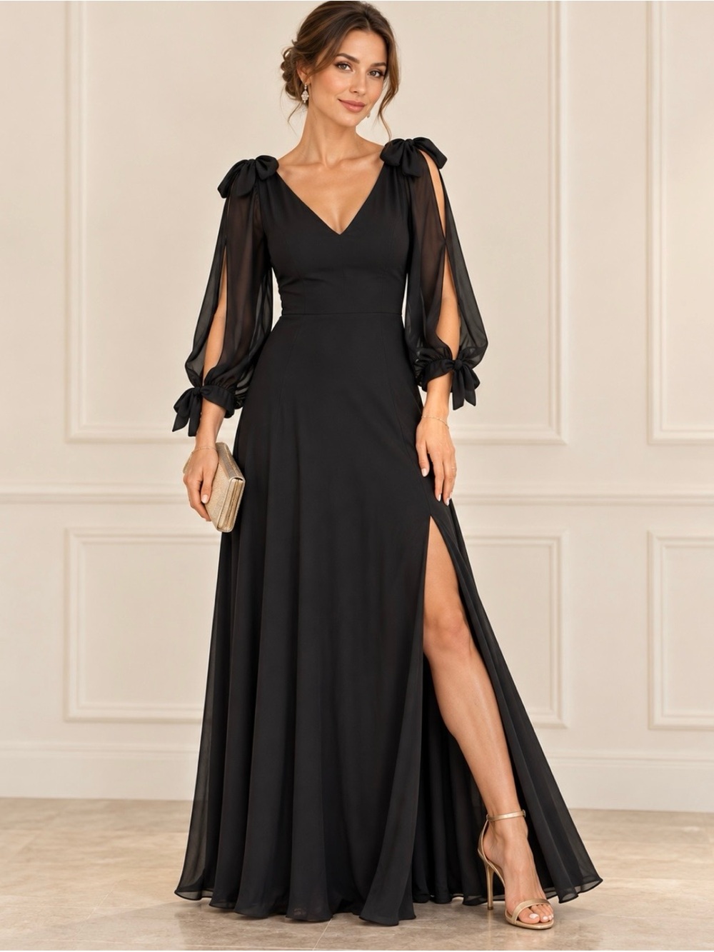 Ever-Pretty Black Formal Maxi Dress Size 8 Sheer Slit Sleeves Bow Details